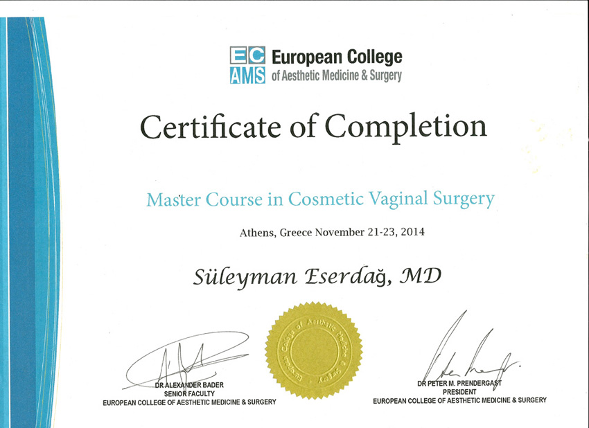 Dr. Süleyman Eserdağ İleri Düzey Kozmetik Vajinal Cerrahi Uygulama sertifikası 